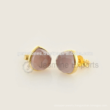 Handmade Vermeil Gold Natural Gemstone Bezel Stud Earrings, Wholesale Best Quality Gemstone Bezel Earrings Jewelry Manufacturer